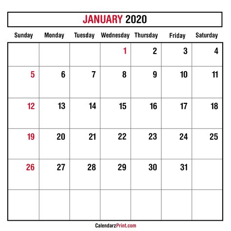 January 2020 Monthly Planner Calendar Printable Free Sunday Start