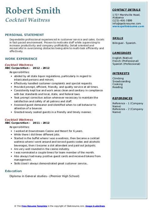 Cocktail Waitress Resume