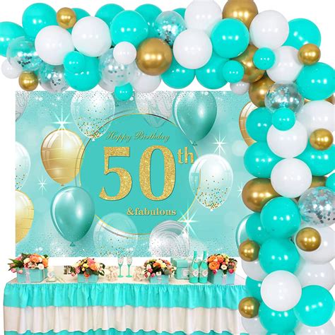 Turquoise 50th Birthday Decorations Teal Blue Gold Backdrop And Balloon