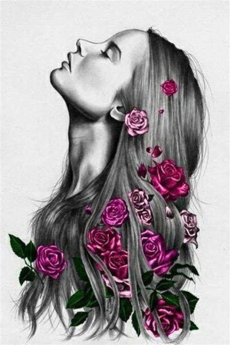 A Drawing Of A Woman With Long Hair And Pink Roses In Her Hair Is Shown