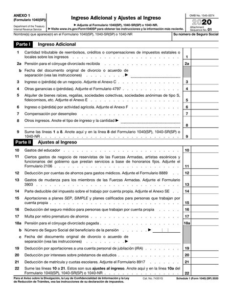Irs Formulario 1040sp Anexo 1 2020 Fill Out Sign Online And