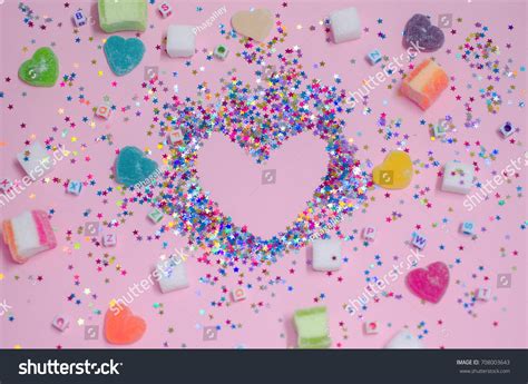 Heartshaped Frame Colorful Candy Background Stock Photo 708003643