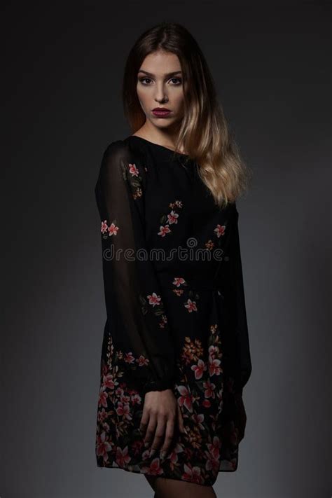 2053 Sensual Woman Black Dress Posing Sexy Dark Background Stock