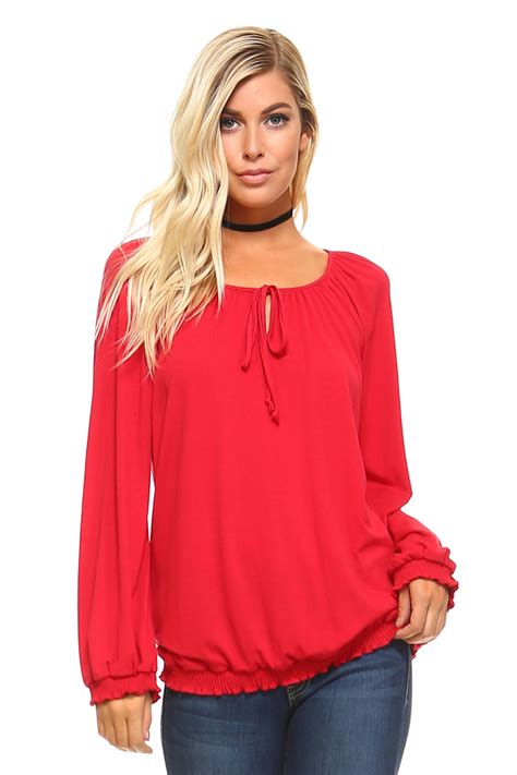 Womens Long Sleeve Loose Fit Peasant Top With Decorative Tie On Top