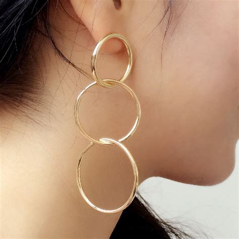 Long Hanging Earrings For Women Round Gold Color Geometric Circle Women