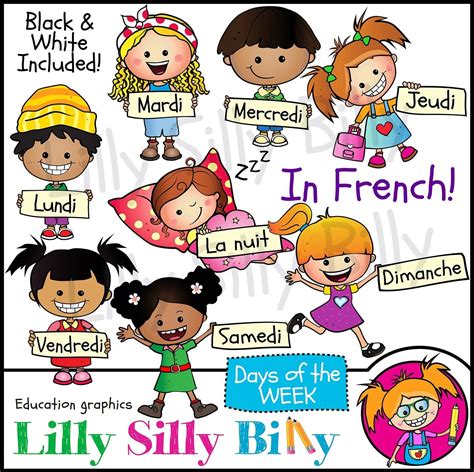 Days Of The Week In French Black And White And Color Clipart Etsy