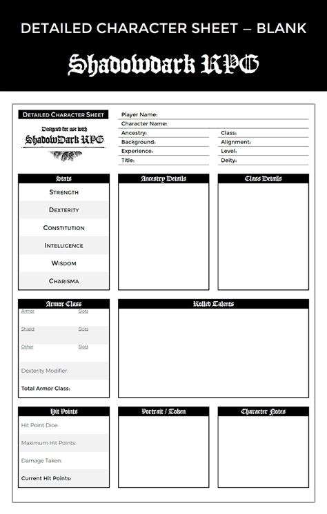 Detailed Character Sheet For Shadowdark Rpg — Blank William O