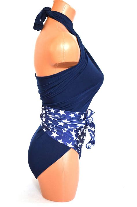 Large Bathing Suit Americana Wrap Around Swimsuit Navy Blue With White Stars Womens Swimwear
