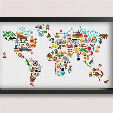 A Cross Stitch Map Of The World With Animals