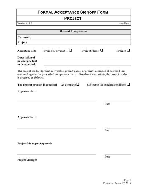 Formal Acceptance Signoff Form In Word And Pdf Formats
