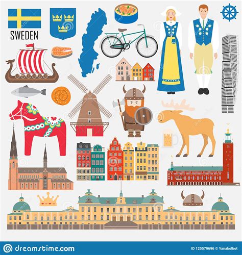Set With Design Elements Of Symbols Of Sweden Stock Vector