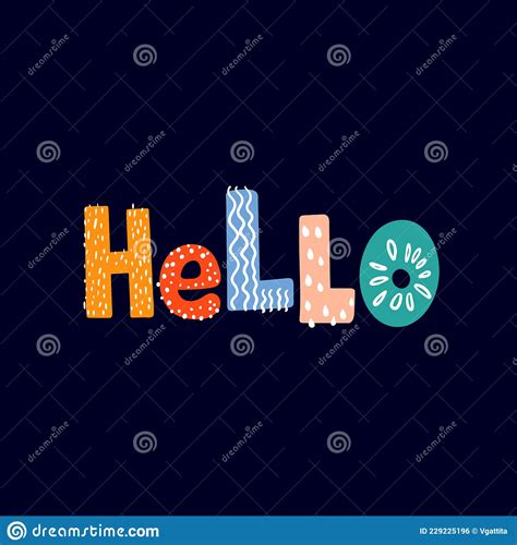 Text Hello Is Made In Multicolored Letters On Black Stock Vector