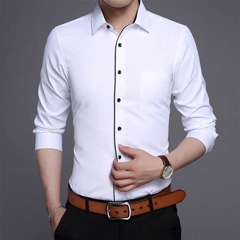 Brand Mens Fashion Formal Shirt White Slim Fit Solid Long Sleeve Cotton