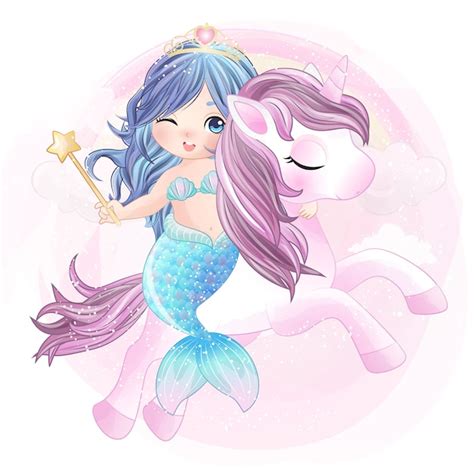 Premium Vector Hand Drawn Cute Unicorn And Mermaid