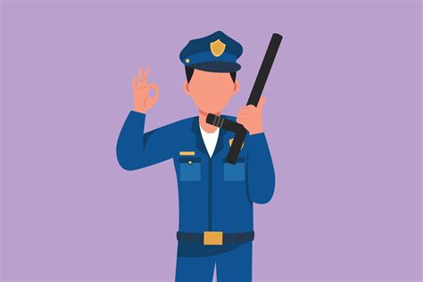 Graphic Flat Design Drawing Policeman Holding Police Baton With Okay