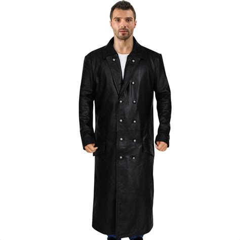 men s black genuine leather trench coat double breasted etsy in 2023 trench coat men