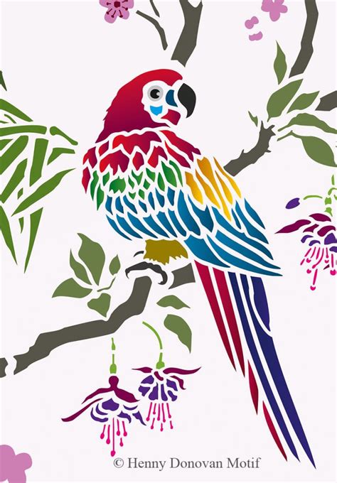 Parrot And Peony Chinoiserie Panel Stencil Henny Donovan Motif