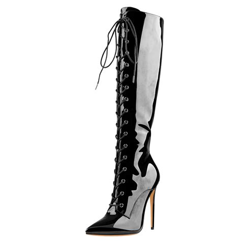 Black Patent Leather Lace Up Pointed Toe Knee High Boots Onlymaker