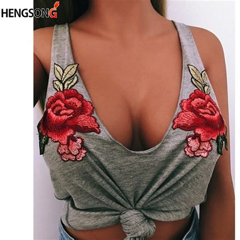 Women Embroidery Flower Tanks Top Casual Low Chest Tanks Summer Women