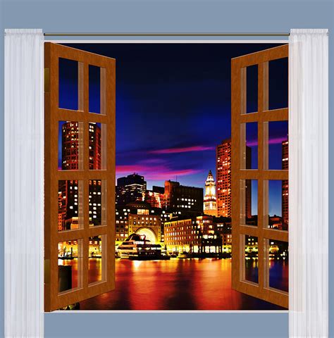 Window View Of Boston Harbor Night Skyline Painting By Elaine Plesser