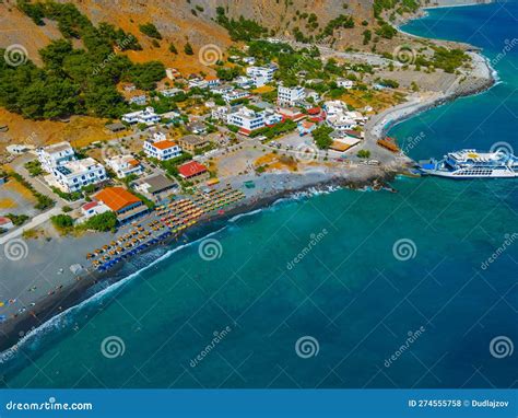 Aerial View Of A Beach At Agia Roumeli At Greek Island Crete Stock Photo Image Of Port