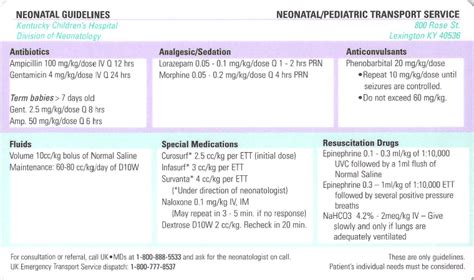 Neonatal Medication And Tube Size Guidelines