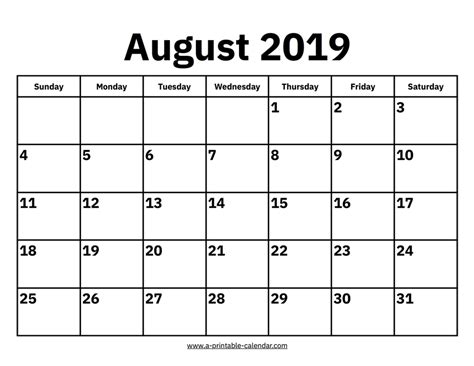 August 2019 Calendars Printable Calendar 2019