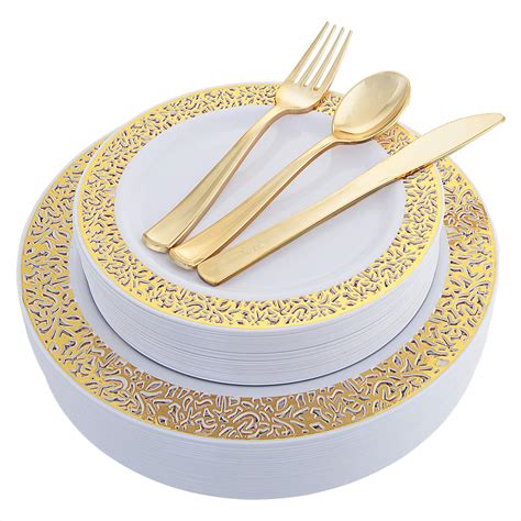 100 Piece Gold Plastic Plates With Disposable Silverware Elegant Lace