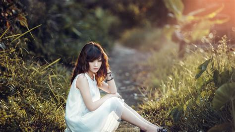 Wallpaper White Dress Asian Girl Sit At Ground Grass Sunshine 1920x1080 Full Hd 2k Picture Image