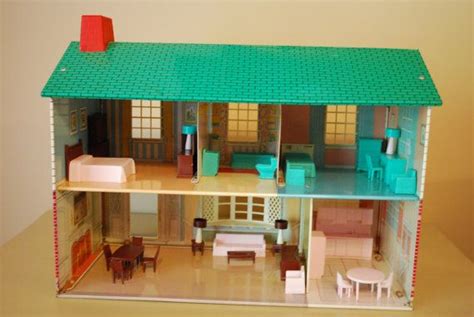 metal two story dollhouse by wolverine 1960s tin litho with furniture doll house patterned