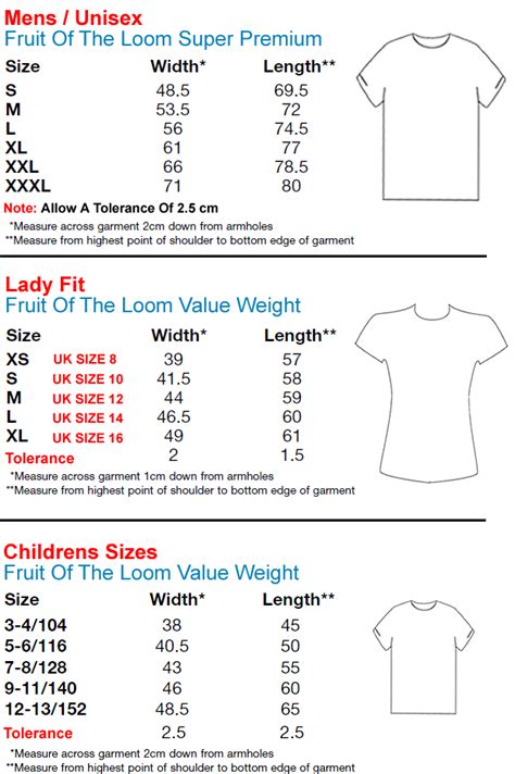 Fruit Of The Loom Size Chart