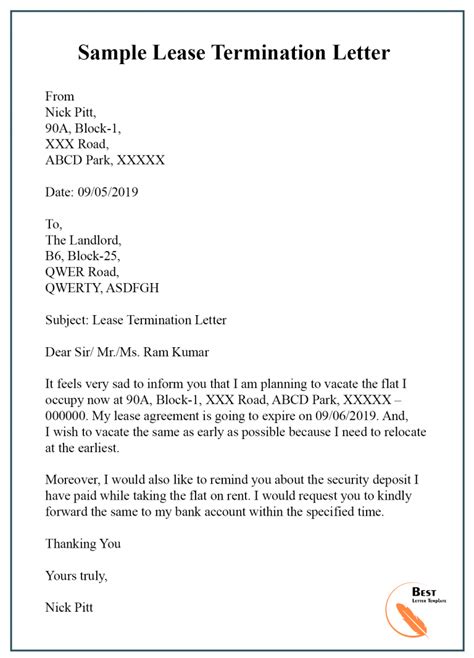 lease termination letter template format sample and example