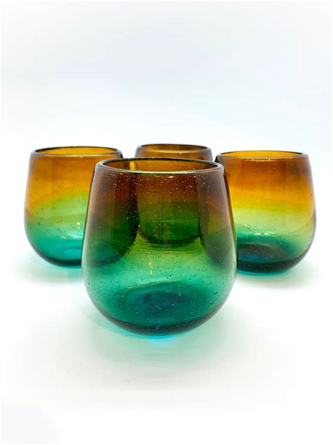 Hand Blown Recycled Glass Stemless Wine Glasses Set Of 4 Etsy