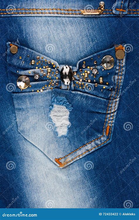 Jeans With Pockets Close Up Decorated With Rhinestones Stock Photo