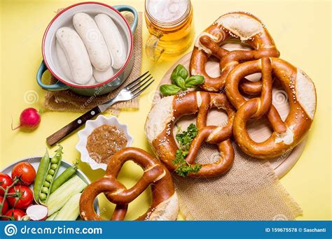 Pretzels White Bavarian Sausages Mustard And Beer German Traditional
