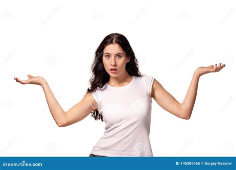 Beautiful Young Girl Spreads Her Arms On The White Background Stock