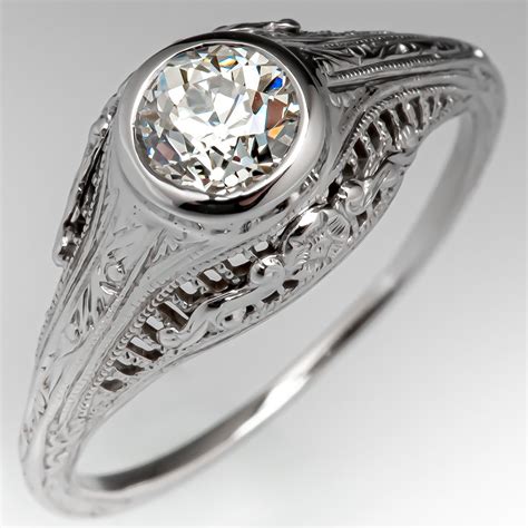 1930s Antique Filigree Diamond Engagement Ring 18k White Gold 68ct L