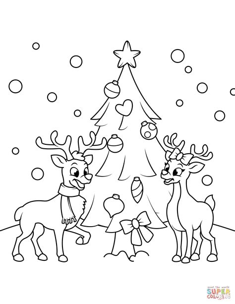 Dibujo de Renos cerca del árbol de Navidad para colorear | Dibujos para