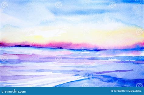 Watercolor Landscape Beautiful Winter Sunset In A Clean Field Stock