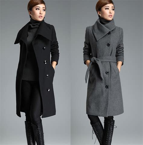 Gray Long Wool Trench Coat Tie Belt Lapel Winter Warm Thick Woolen
