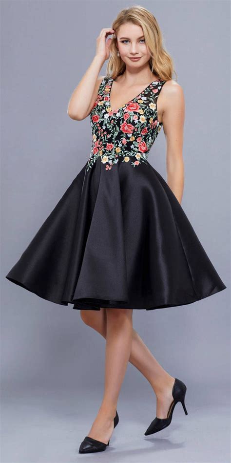 Knee Length Prom Dress A Line Black Floral Embroidered Bodice