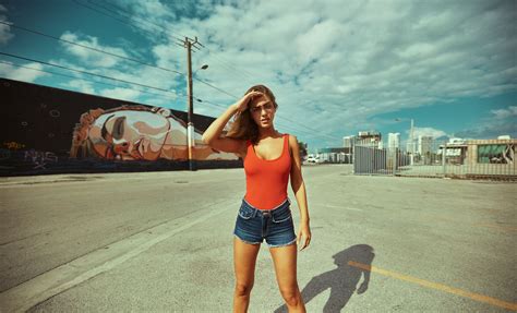 Wallpaper Model Brunette Urban Graffiti Tank Top Jean Shorts Women Outdoors Clouds