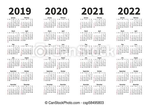 Calendar 2019 2020 2021 And 2022 Year Vector Design Template Simple