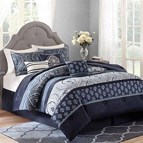 Size king comforter sets : King Size Navy Blue Grey Paisley 7-Piece Bedding Comforter ...