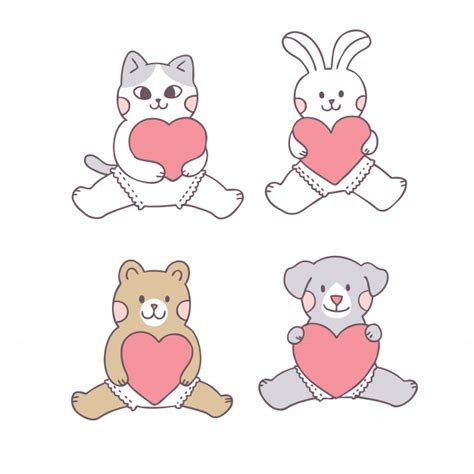 Cartoon Cute Valentines Day Baby Animals And Love