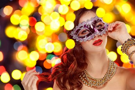 Beauty Model Woman Wearing Venetian Masquerade Carnival Mask At Party