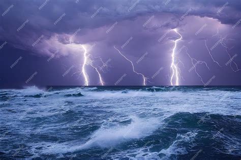 Premium Photo Thunder Storm Rages Over Sea Or Ocean Natural Disaster