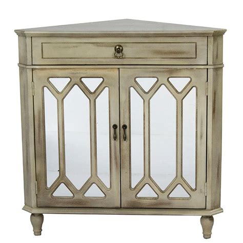 32 Taupe Wash Wood Mirrored Glass Corner Cabinet With A Drawer And 2