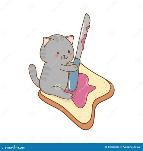 Cute Little Cat With Toast Bread Kawaii Character Stock Vector