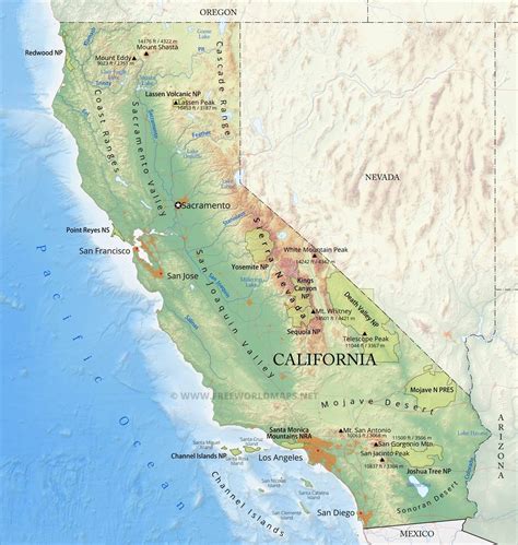 Detailed maps of california, printable ca maps online: Physical map of California